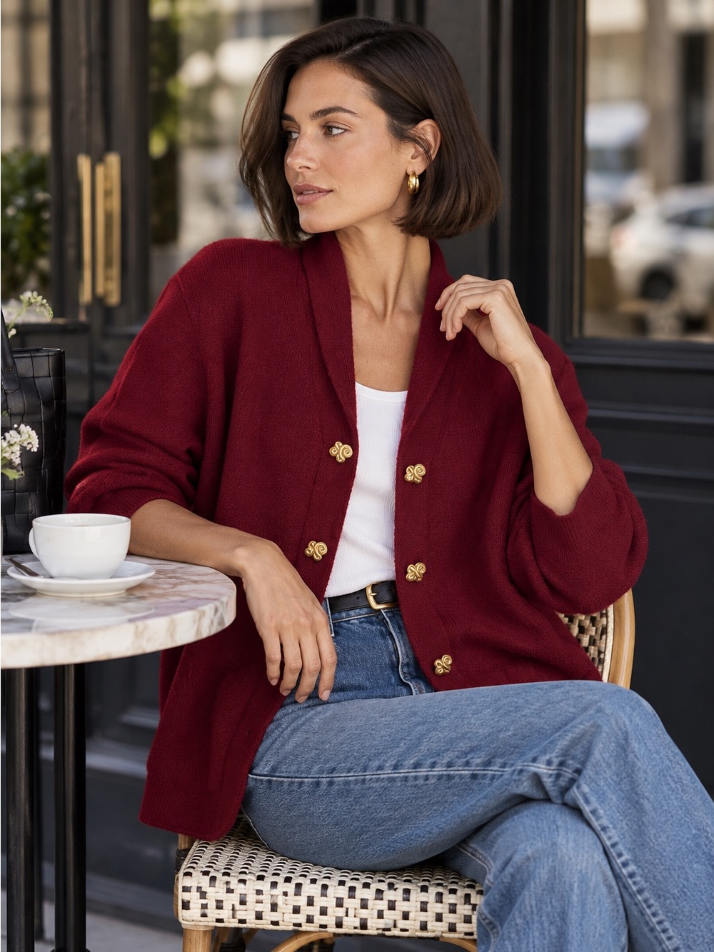 Vintage Steve Fabrikant Bergdorf Goodman Wool Cardigan Burgundy Gold Buttons 10